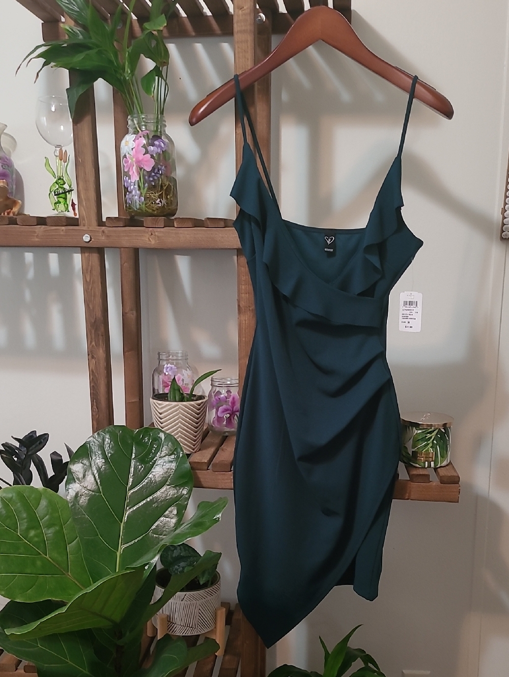 Beautiful Green Spaghetti Strap Asymmetrical Ruffle Midi Dress